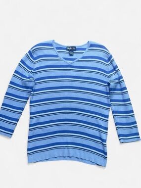 Style & Co. Blue Striped Fitted 3/4 Sleeve Y2k V-Neck Cotton Sweater Sz M